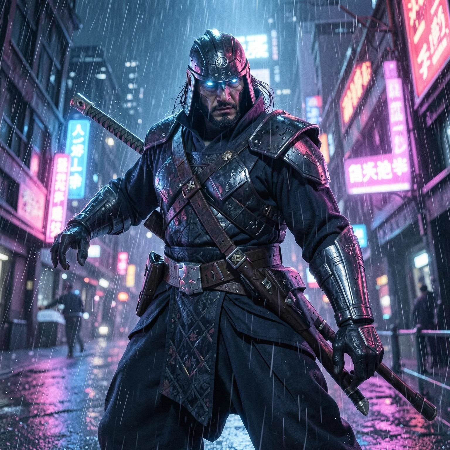 futuristic cyber samurai under neon rain