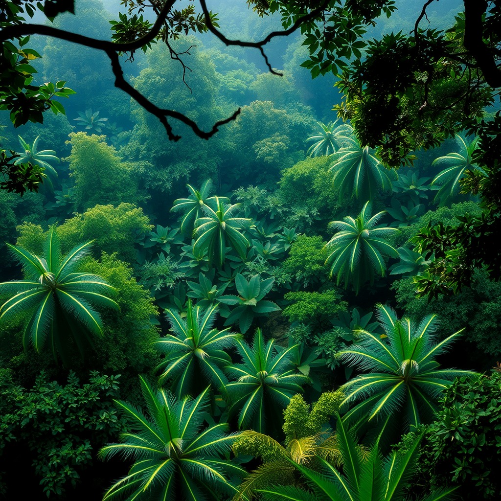 Realistic scene of a dense jungle canopy seen from above, natural color balance