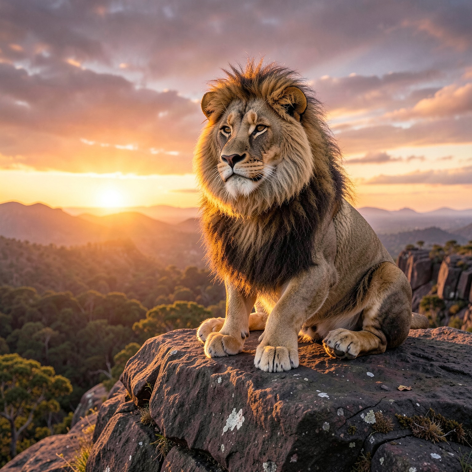realistic lion king sitting on rocky cliff during sunrise
