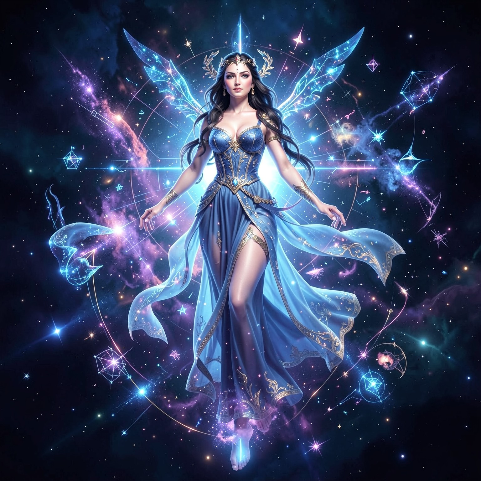 AI goddess floating in digital universe