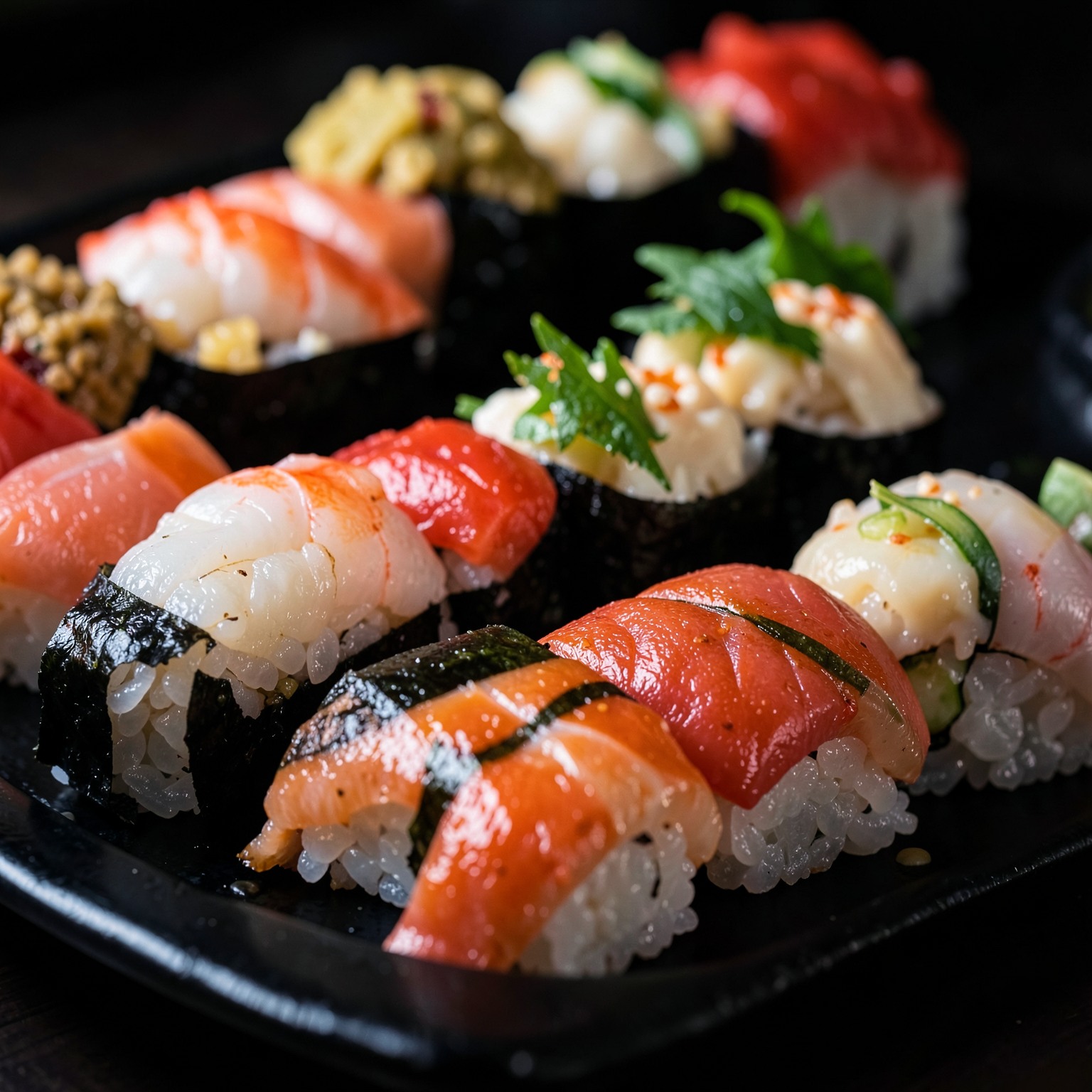 realistic sushi platter macro shot with dramatic lighting