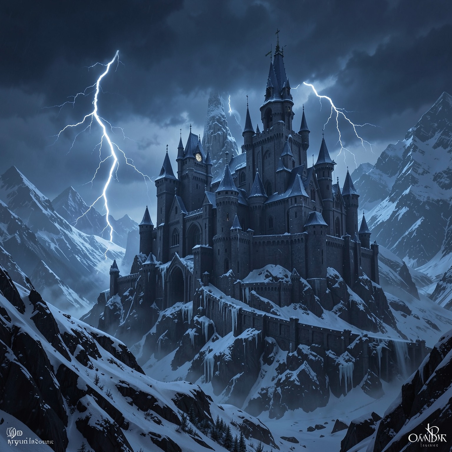 dark fantasy castle on icy mountain during thunderstorm