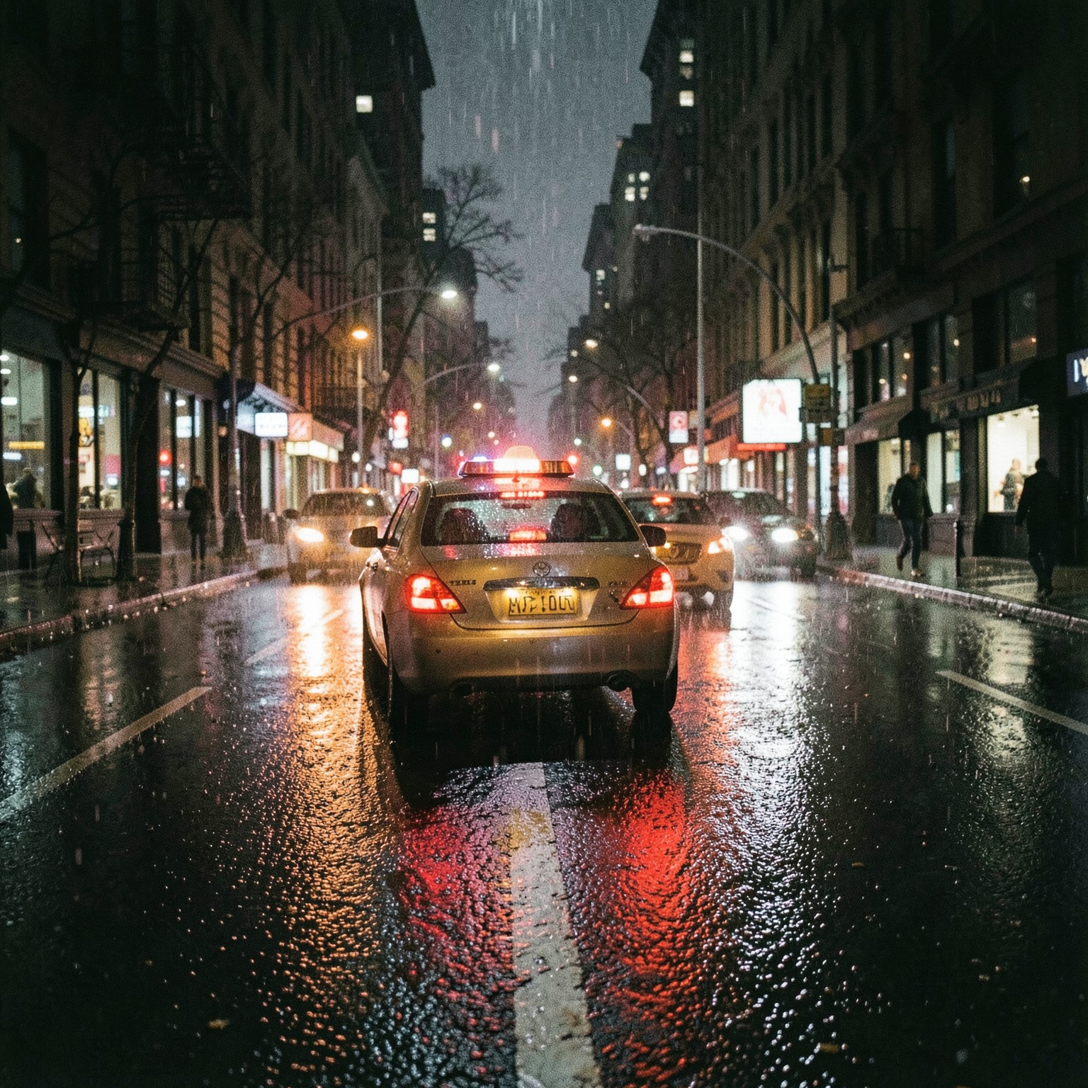 rainy New York street at night, taxi lights reflecting on asphalt, film grain, realistic atmosphere
