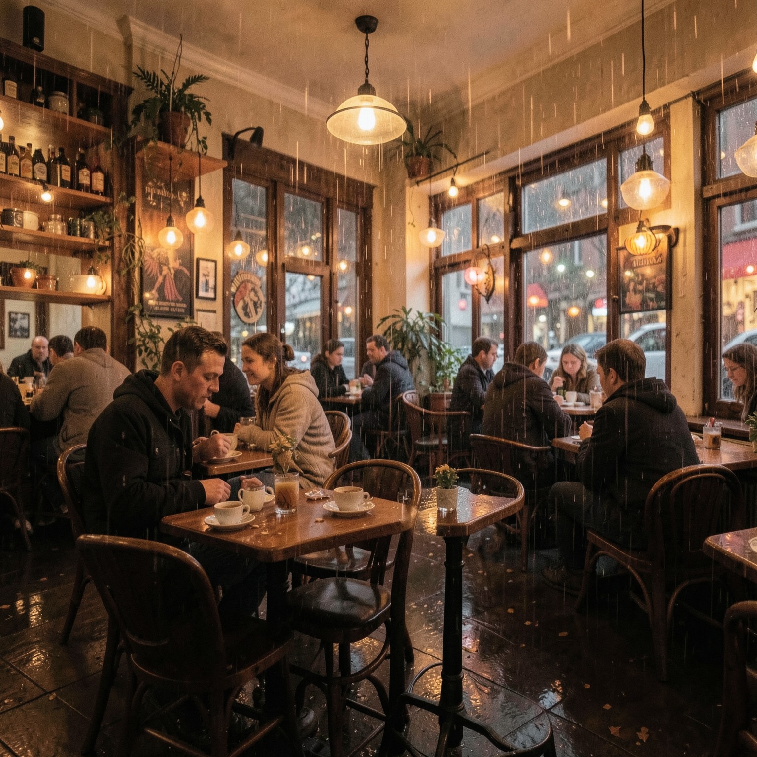 cozy coffee shop during rainy autumn evening