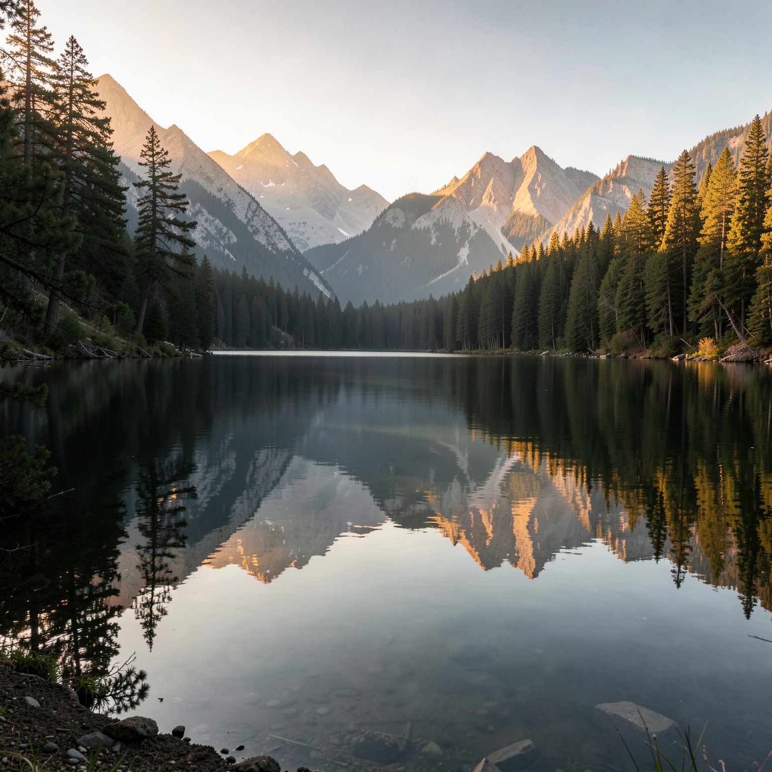Golden hour at a serene mountain lake, crisp reflections, pine forest shore, cinematic framing, ultra-realistic lighting