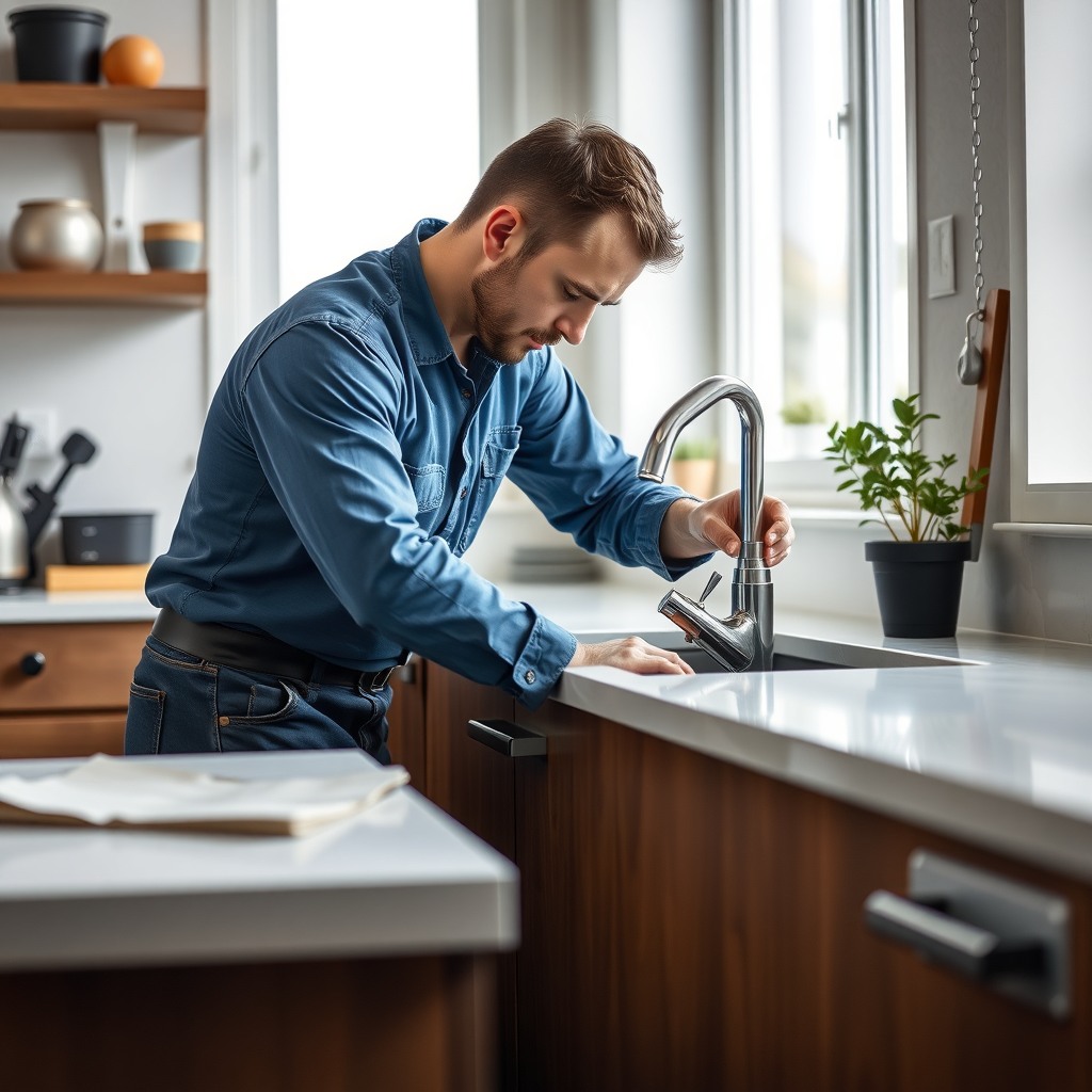 Photo-realistic editorial photography, realistic scene representing a plumber repairing kitchen sink, modern kitchen interior, natural lighting, sharp focus
