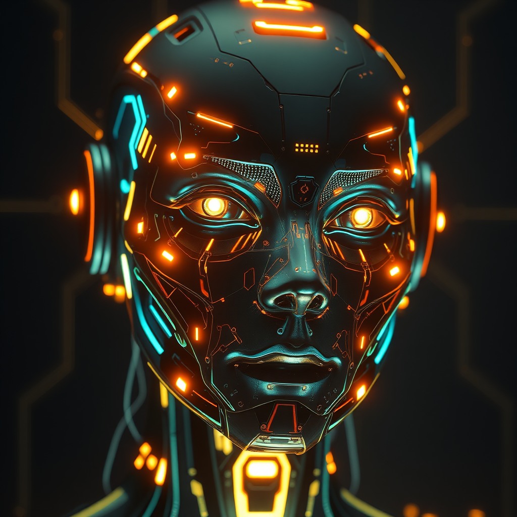 futuristic AI humanoid face, glowing circuits, hyperrealistic, dramatic lighting