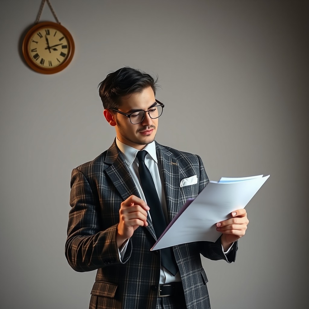 Photo-realistic editorial photography, realistic scene representing a man reviewing to-do list