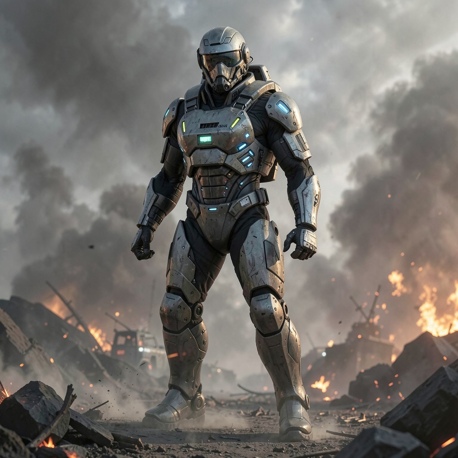 futuristic military exosuit soldier in battlefield smoke