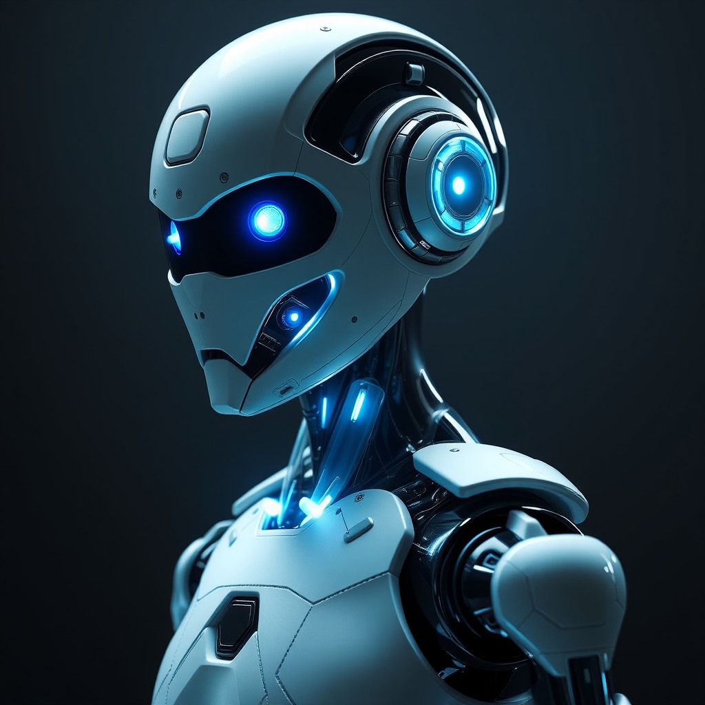 futuristic AI robot humanoid, realistic materials, cinematic lighting