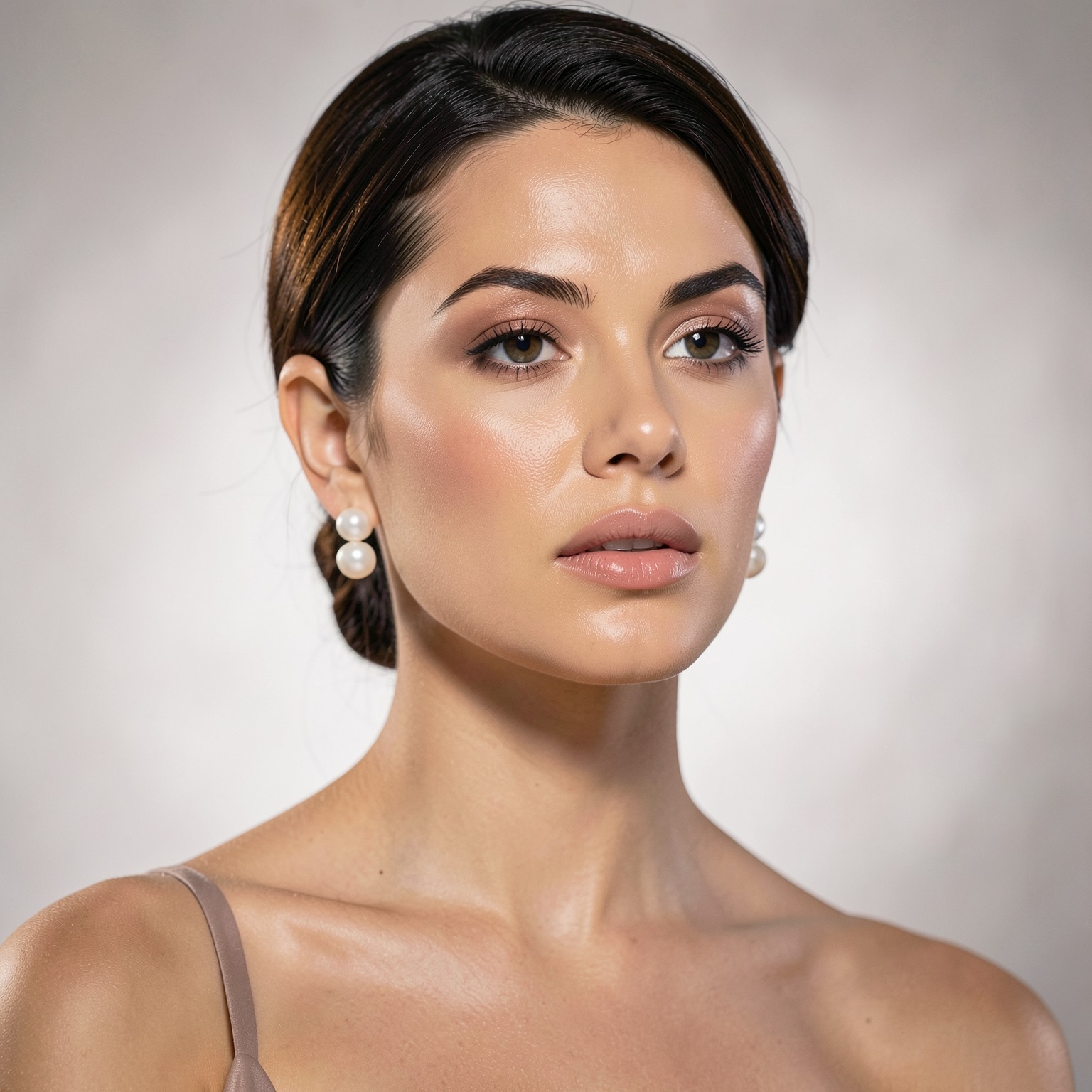 Elegant woman portrait with pearl earrings and soft studio backlight