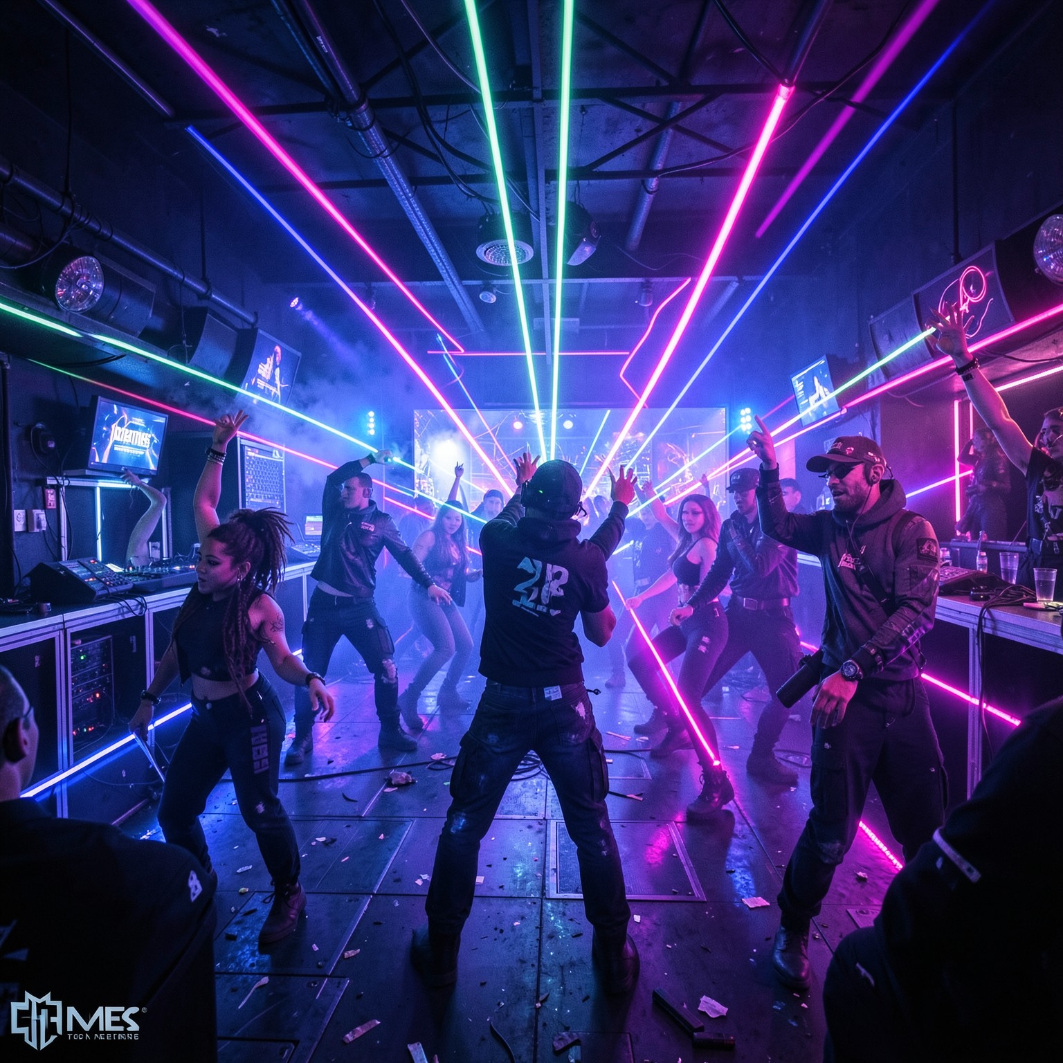 Cyberpunk nightclub with neon lasers and dancers
