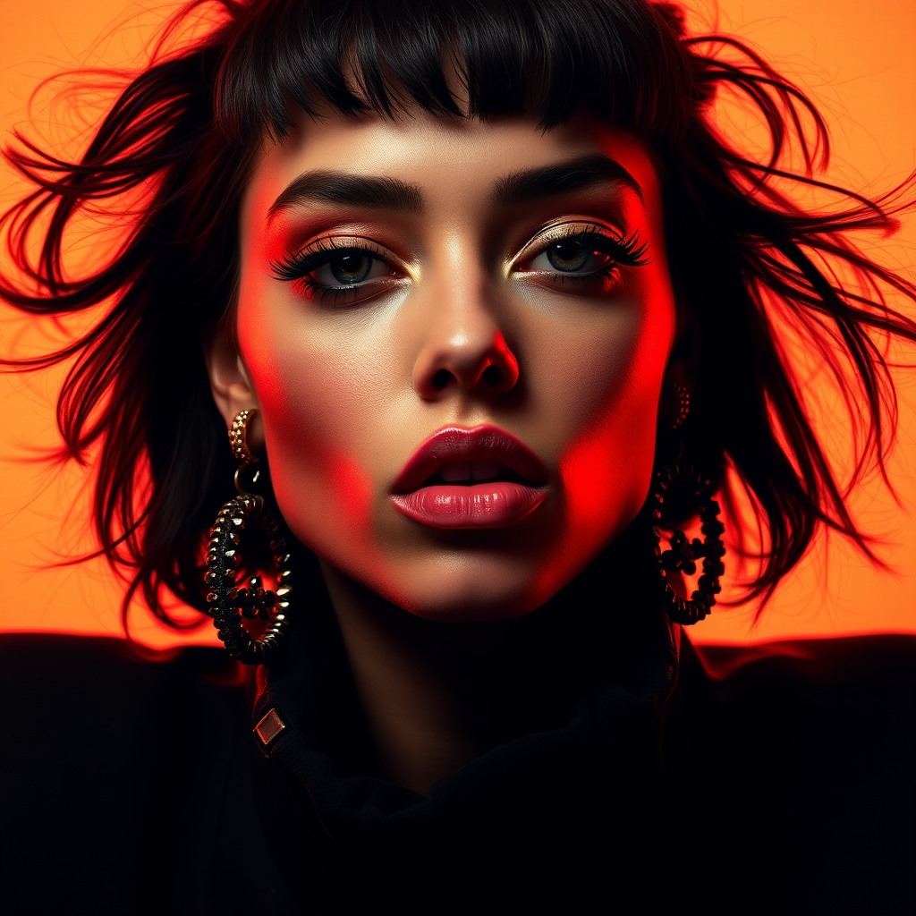 fashion editorial portrait, high contrast lighting, avant-garde styling