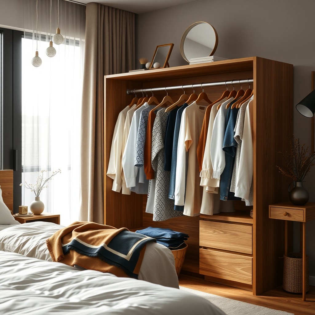 Photo-realistic editorial photography, realistic scene representing a woman organizing wardrobe in modern bedroom