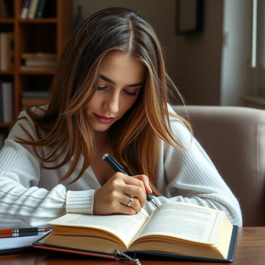 Photo-realistic editorial photography, realistic scene representing a woman planning week in notebook