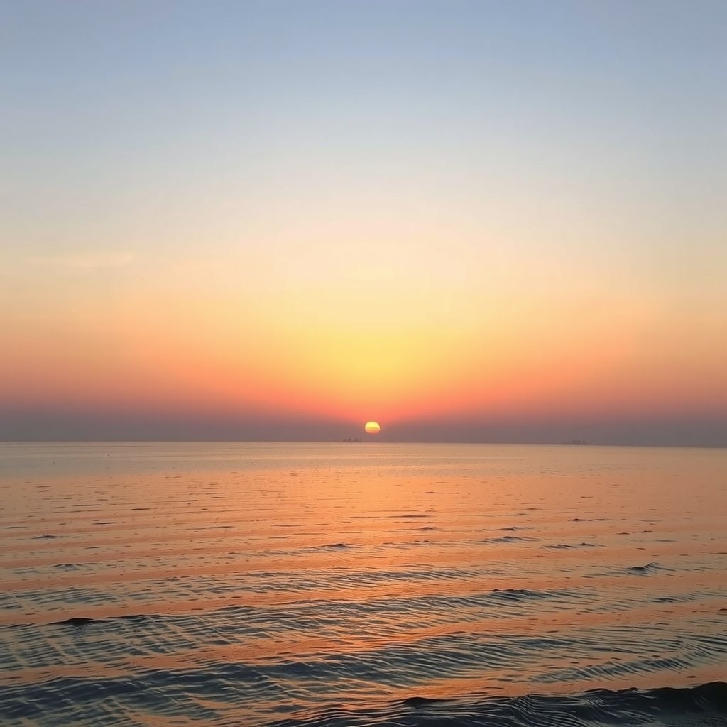 Realistic coastal sunset with calm sea and pastel sky, subtle reflections on water
