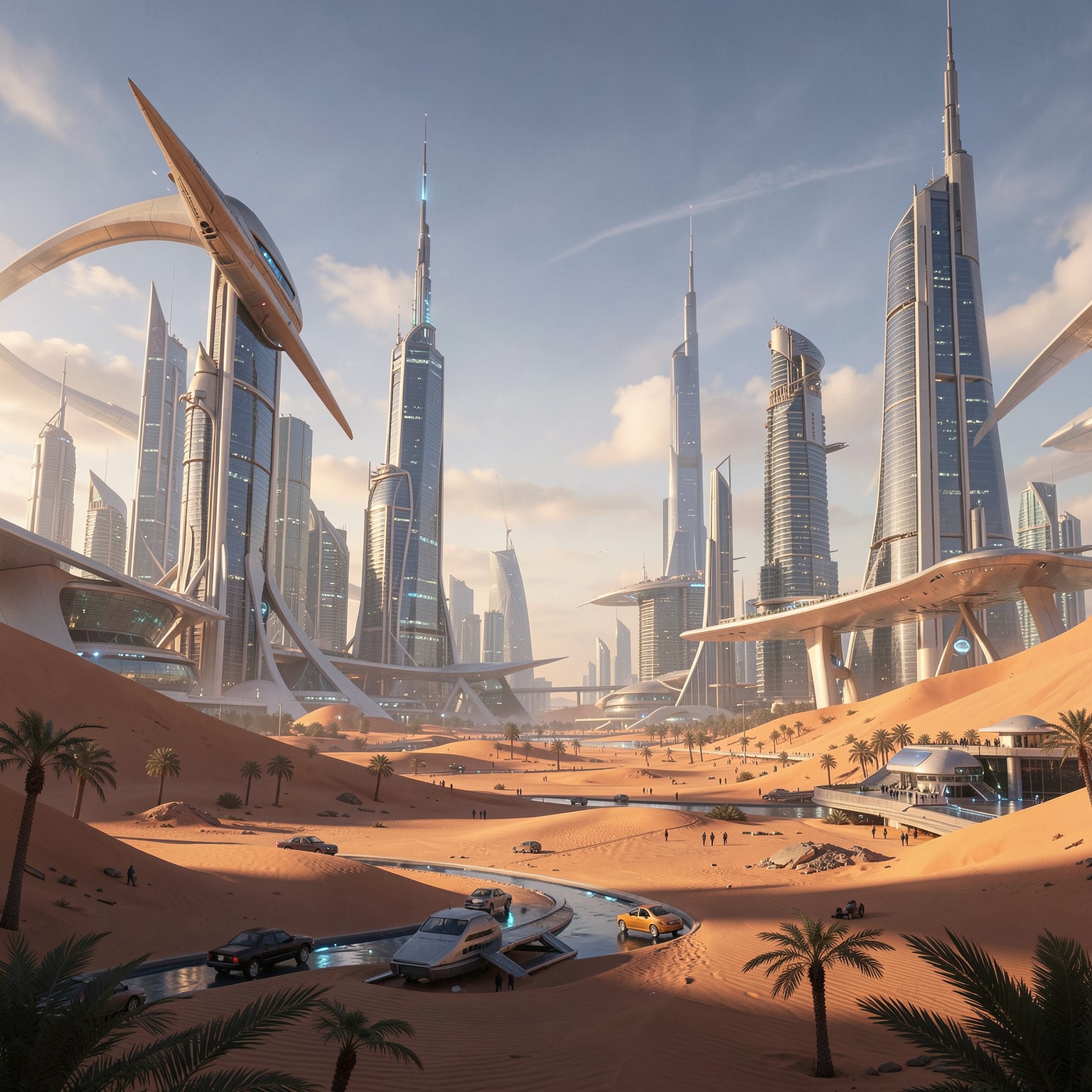 futuristic desert city inspired by Dubai and sci-fi movies