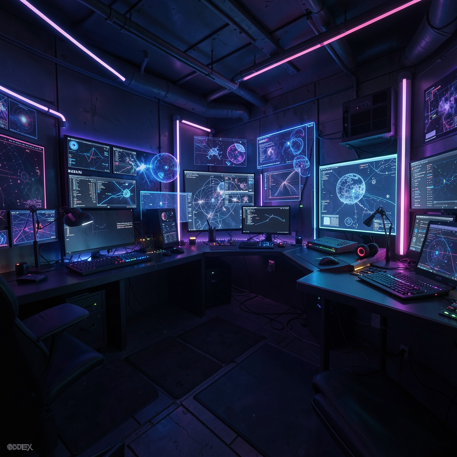 Futuristic hacker room with RGB lights and holograms, dark aesthetic