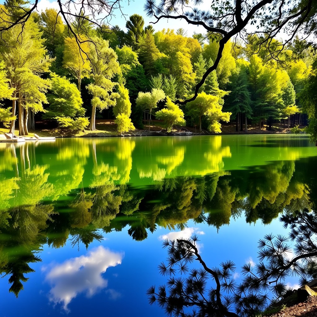 Realistic photograph of a peaceful forest lake surrounded by trees, mirror-like reflections