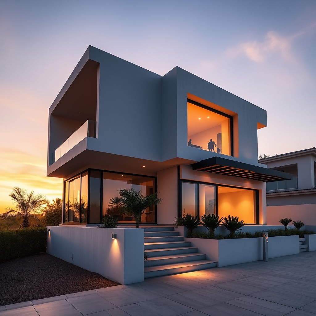 exterior architecture shot of modern villa, sunset lighting, ultra wide lens