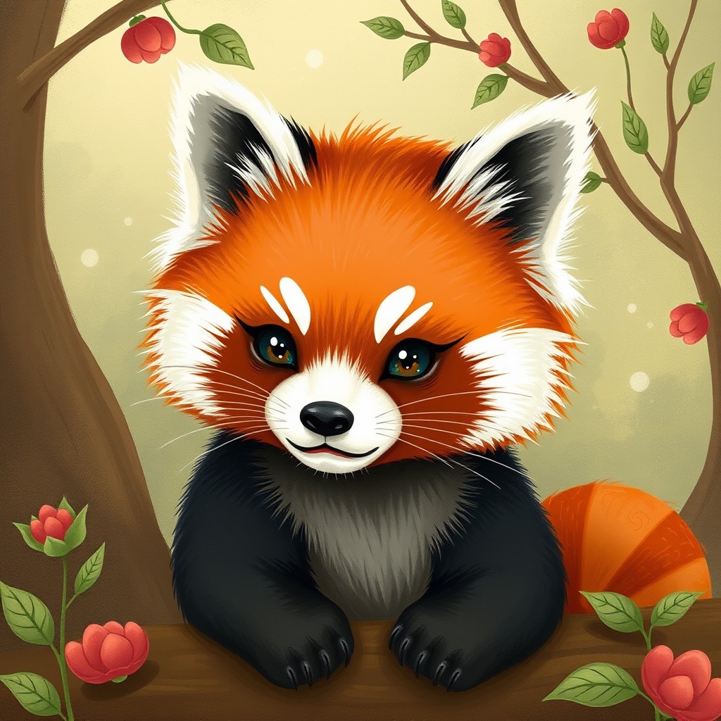 curious red panda, storybook style, whimsical cute style