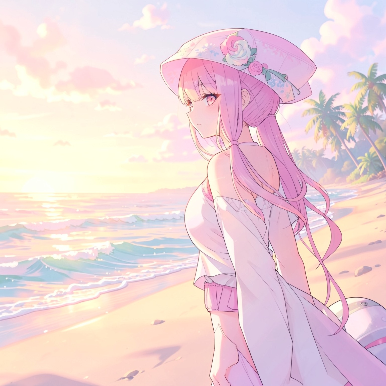 anime beach scene during golden hour, soft pastel colors
