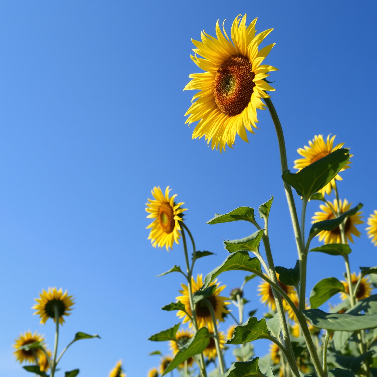 A serene sunflower field under a vibrant blue sky with golden flowers