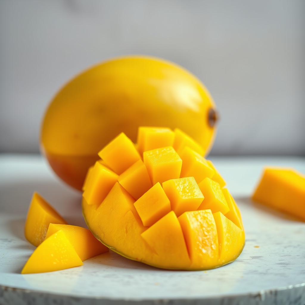 fresh mango slices, bright summer mood, commercial food photography
