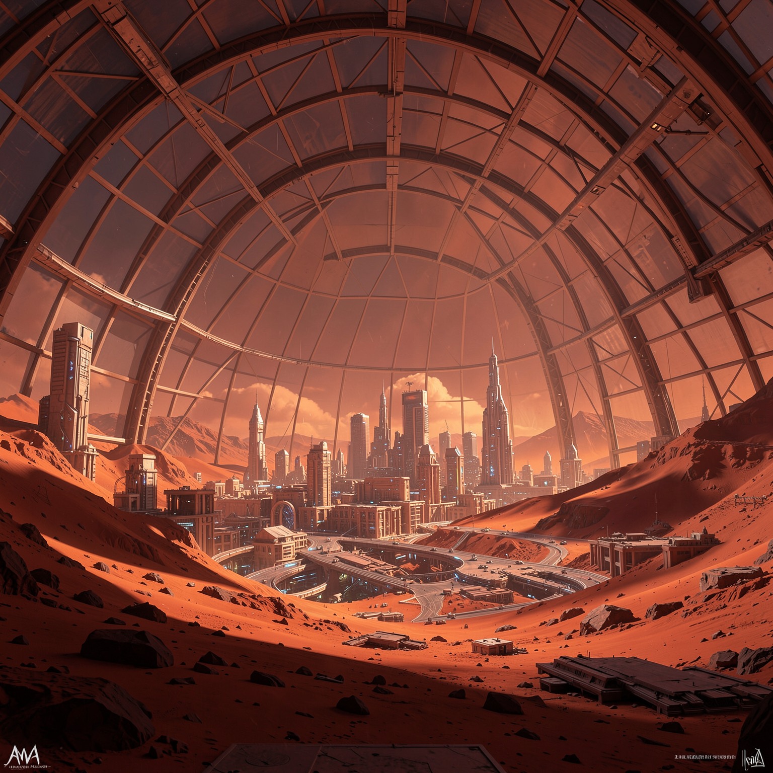 Futuristic city inside giant dome on Mars