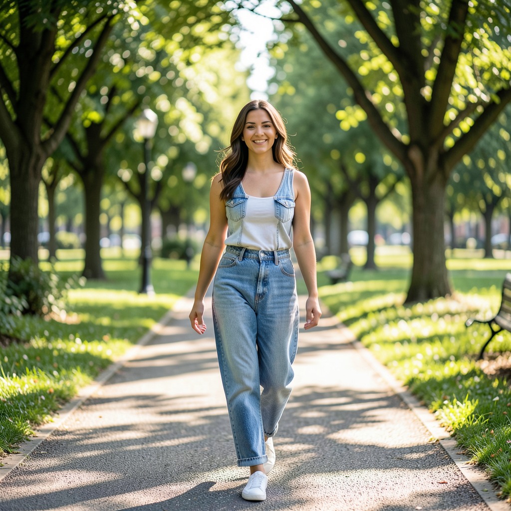 ultra realistic photo of a beautiful woman walking in a park, sunlight through trees, natural colors, soft shadows, candid photography, high detail, realistic skin