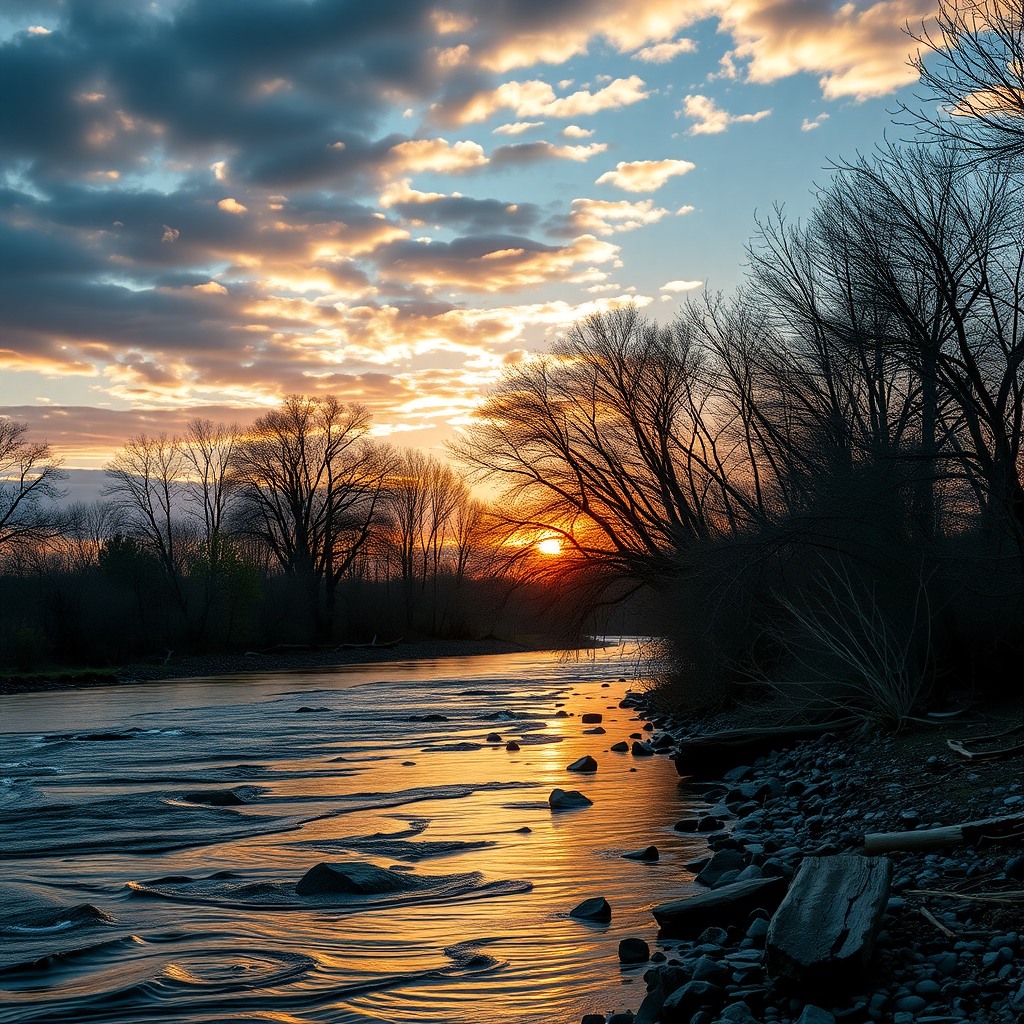 Photo-realistic editorial photography, realistic scene representing river at sunrise