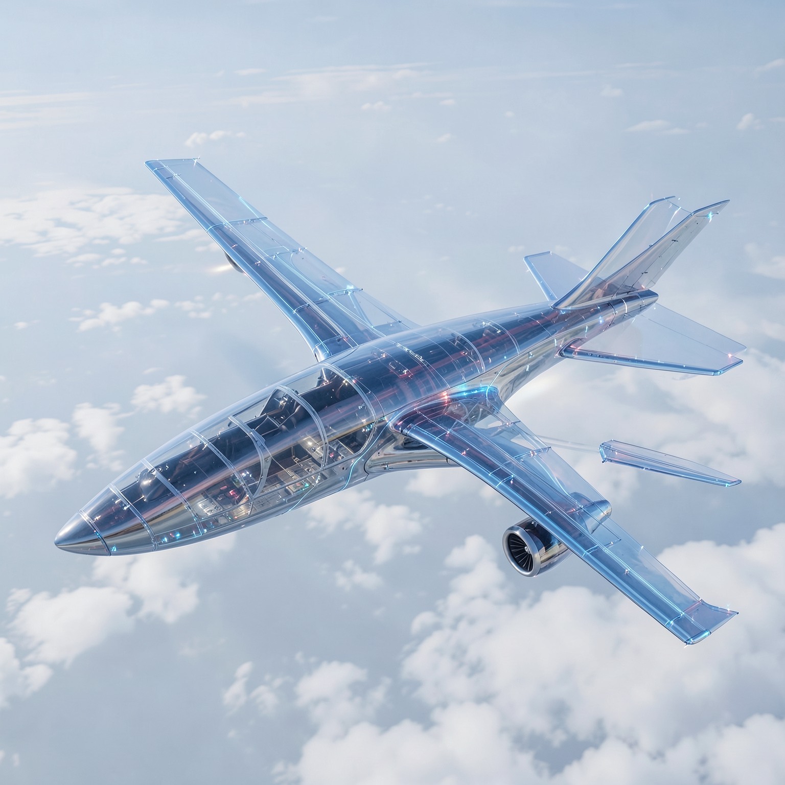 Futuristic airplane with transparent body design