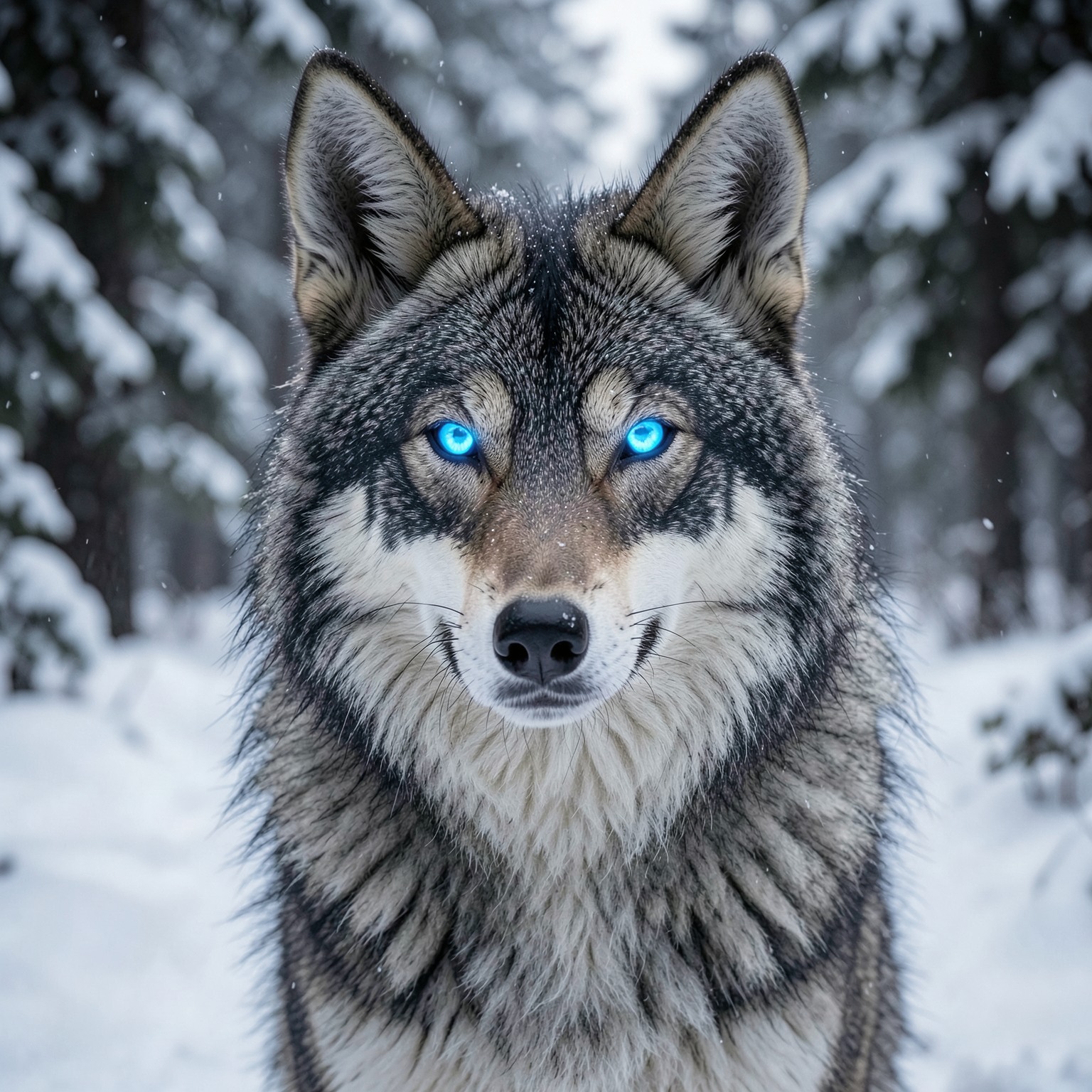 hyper realistic wolf with glowing blue eyes in snowy forest