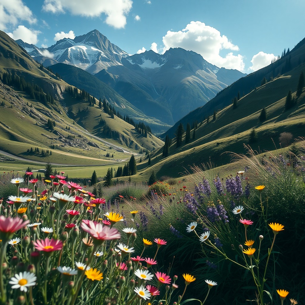 Photo-realistic editorial photography, realistic scene representing valley with wildflowers