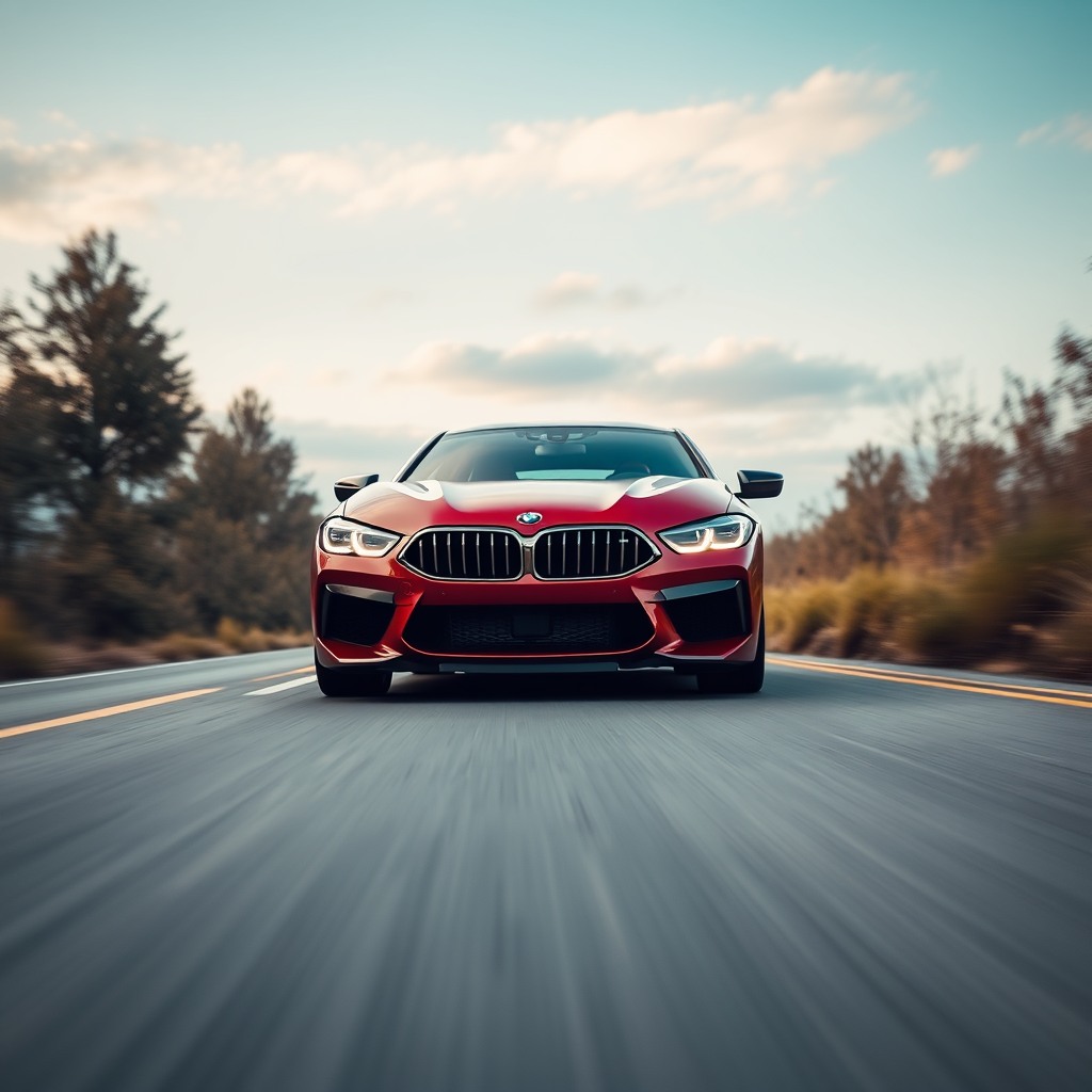 bmw car m8  on the road, photorealistic cinematic, wide angle, 24mm wide lens