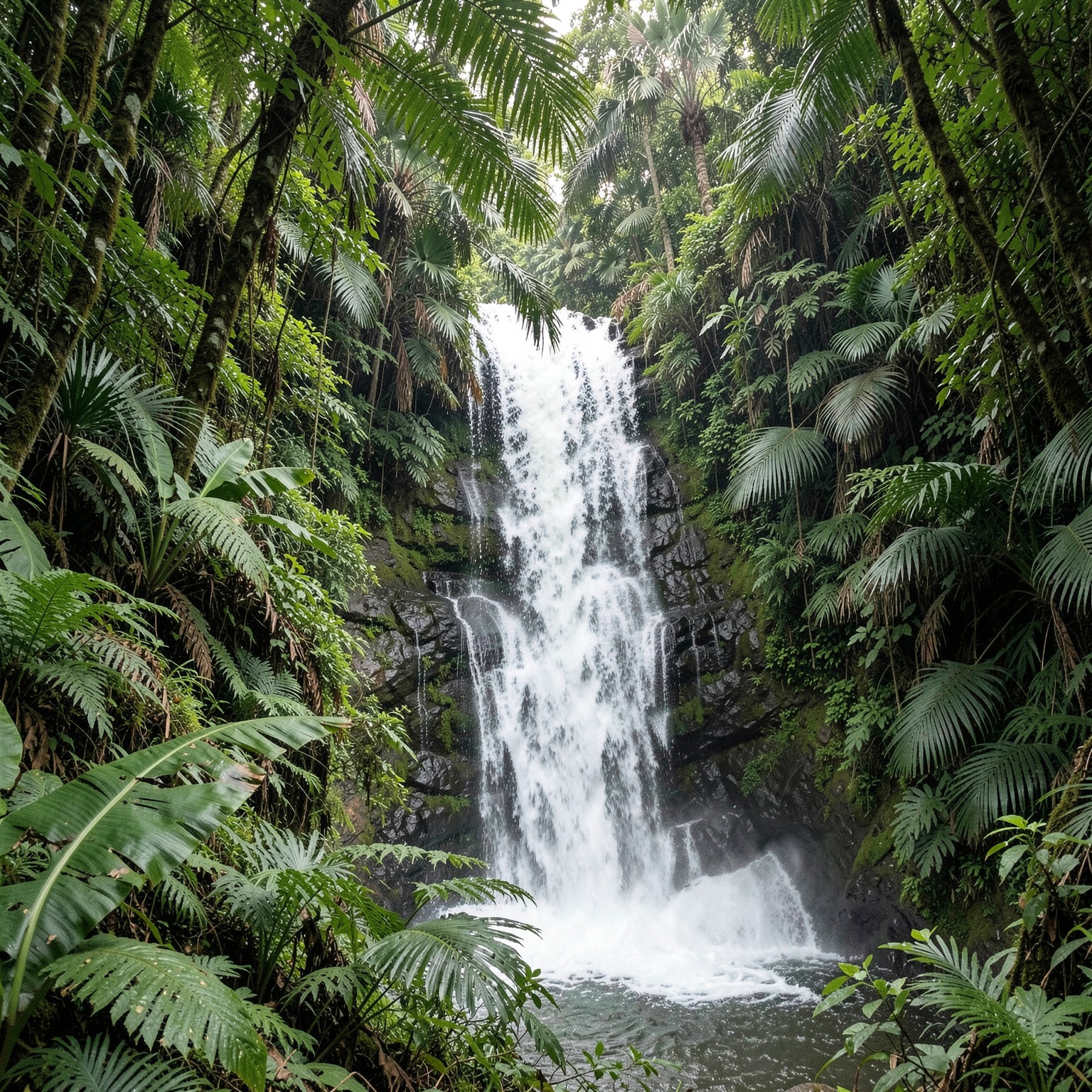 realistic waterfall hidden inside tropical jungle
