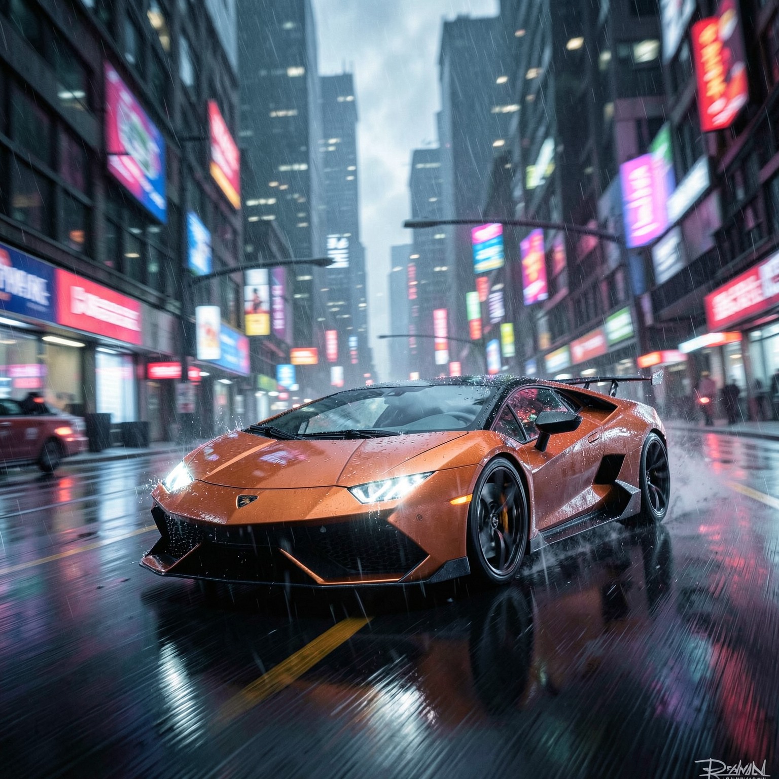 futuristic Lamborghini driving through cyberpunk city, motion blur, rain