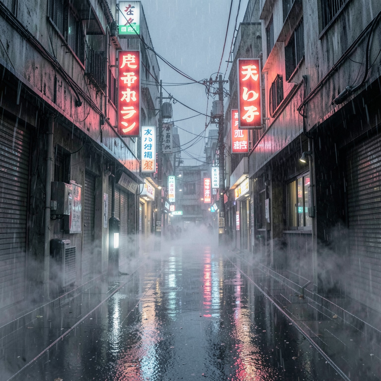 hyper realistic old Tokyo alley in heavy rain, neon reflections, cyberpunk atmosphere, cinematic composition, volumetric fog