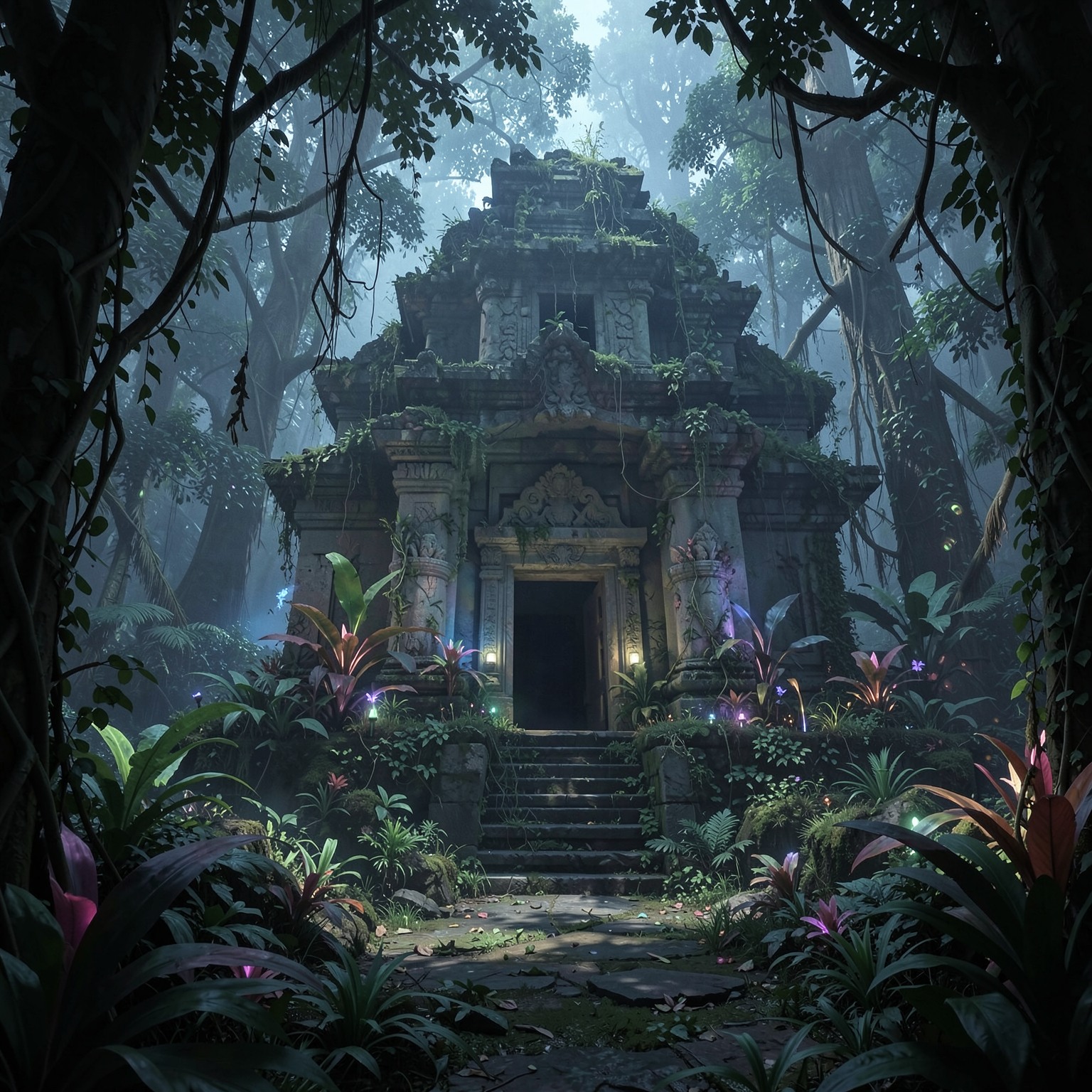 Ancient abandoned temple inside jungle with glowing plants, mystical mood