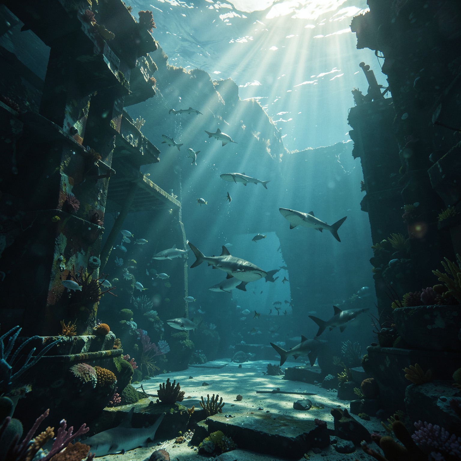 cinematic underwater ruins with sharks and sunlight rays