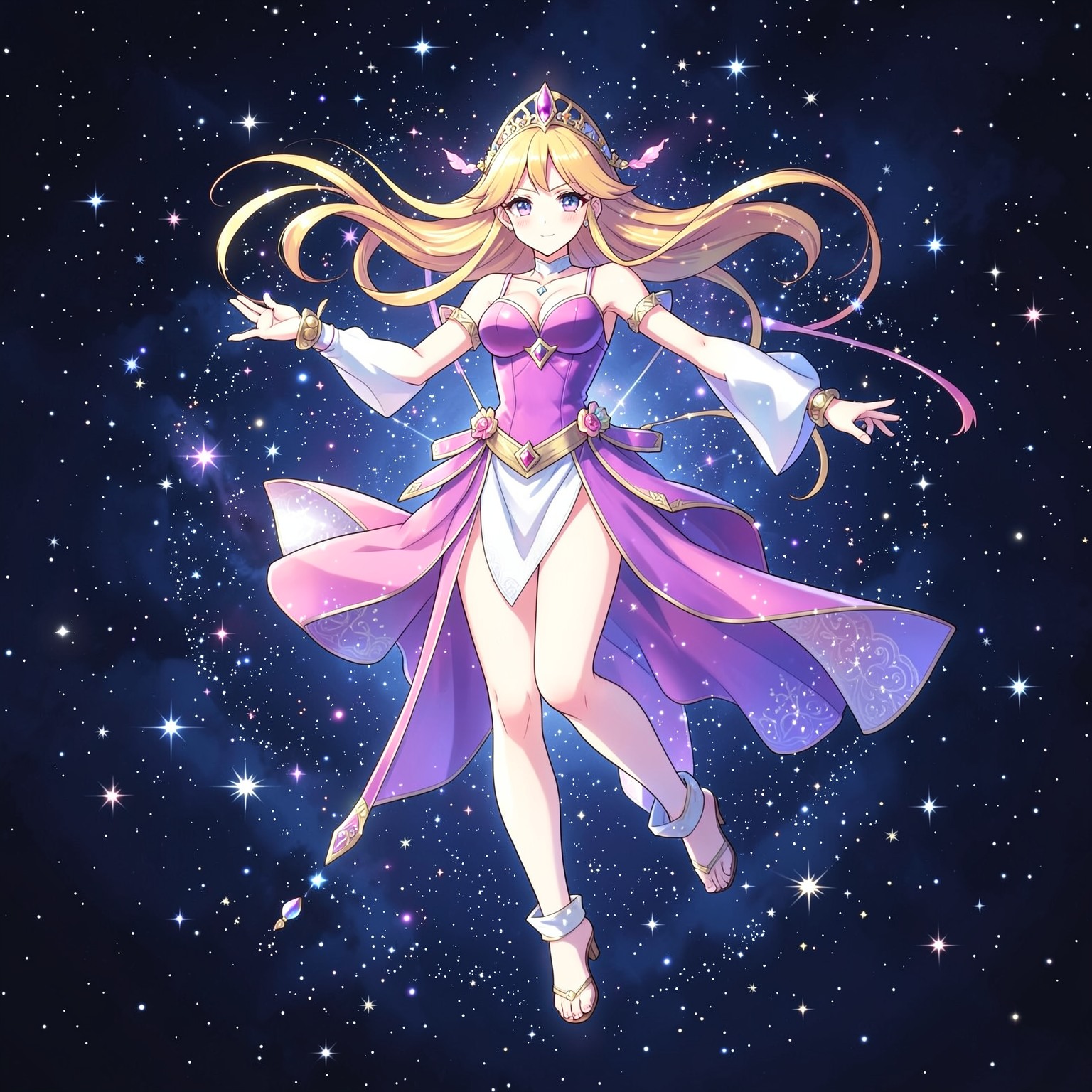 anime goddess floating in space surrounded by stars