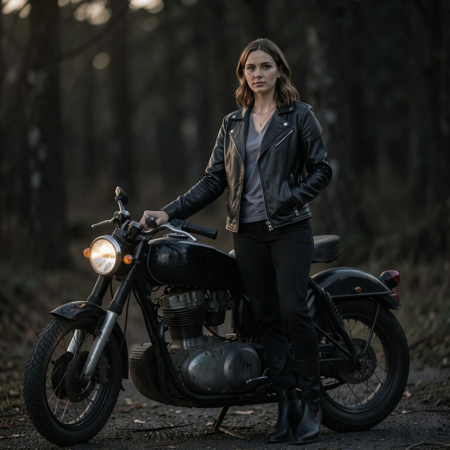 beautiful Nordic woman in black leather jacket standing beside vintage motorcycle, moody cinematic lighting, realistic photography