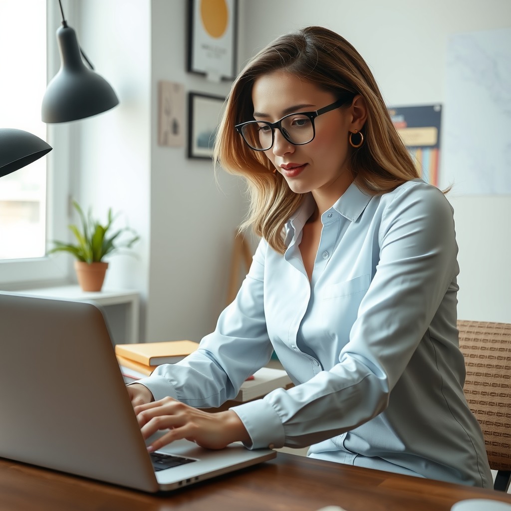Photo-realistic editorial photography, realistic scene representing a woman organizing digital files on laptop