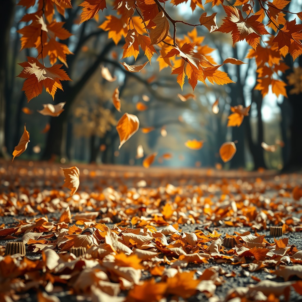 Photo-realistic editorial photography, realistic scene representing fallen leaves