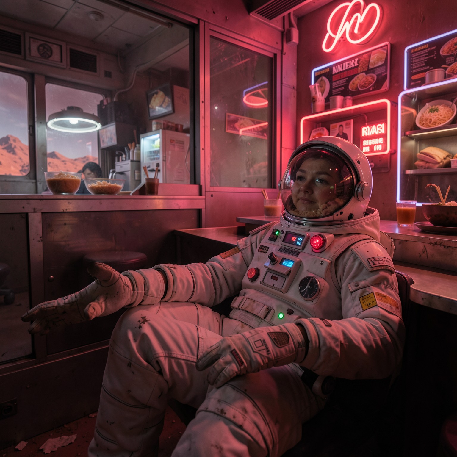 astronaut relaxing in a neon-lit ramen bar on Mars, cinematic sci-fi atmosphere