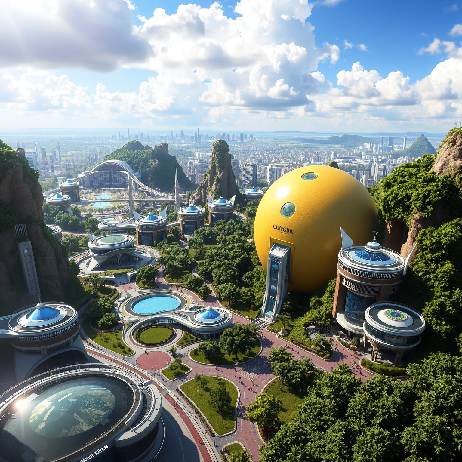Futuristic landscape of a sprawling metropolis with greenery and public spaces