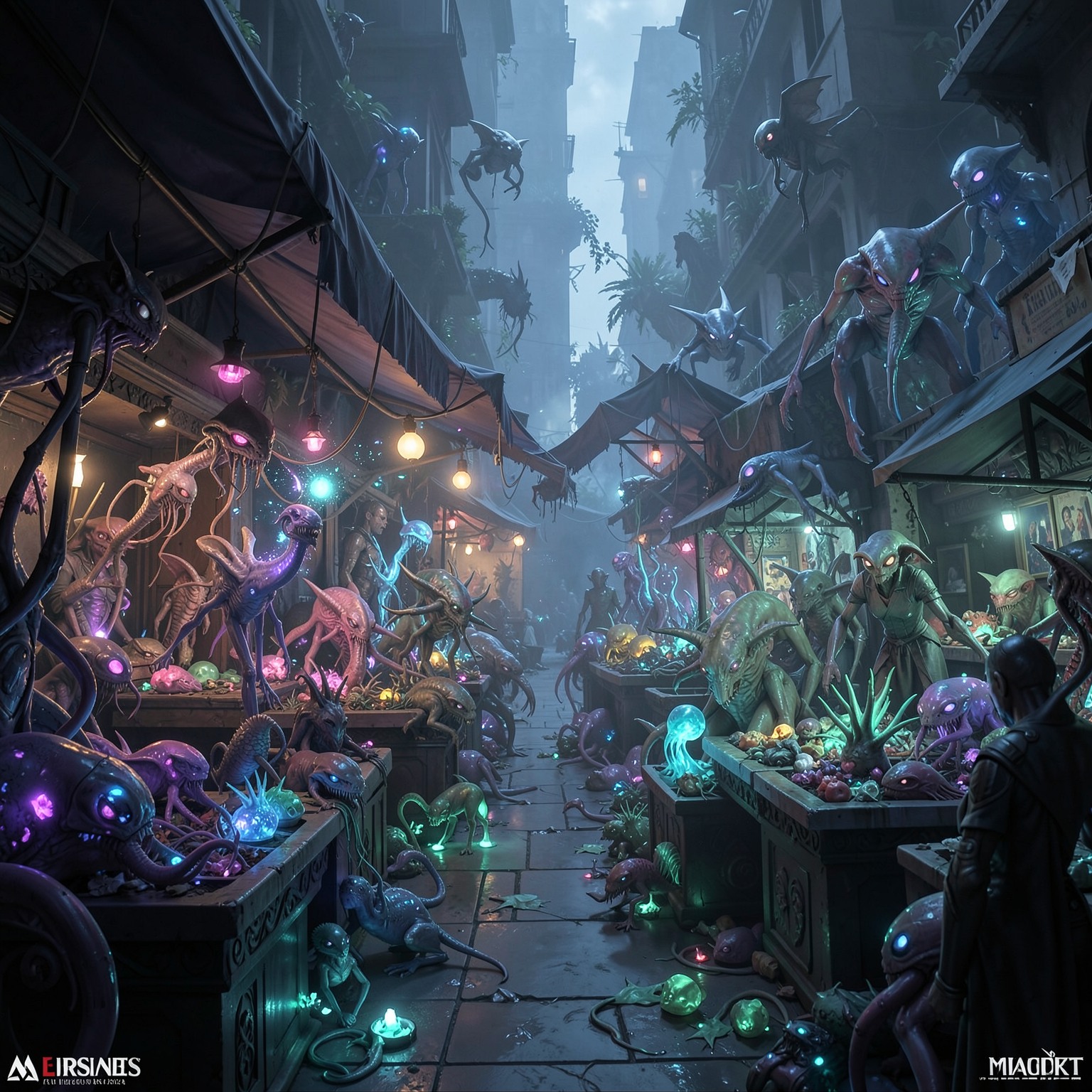 Alien marketplace full of strange glowing creatures, ultra detailed sci-fi environment