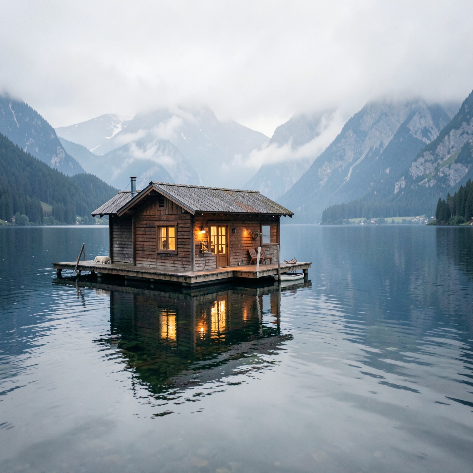 Cozy cabin floating on calm lake surrounded by foggy mountains