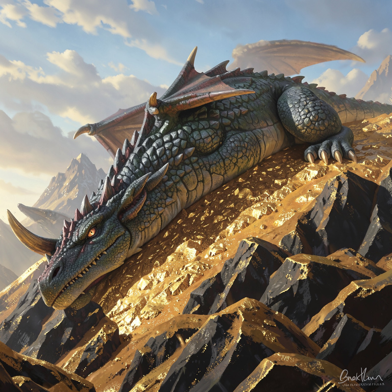 giant dragon sleeping on mountain of gold