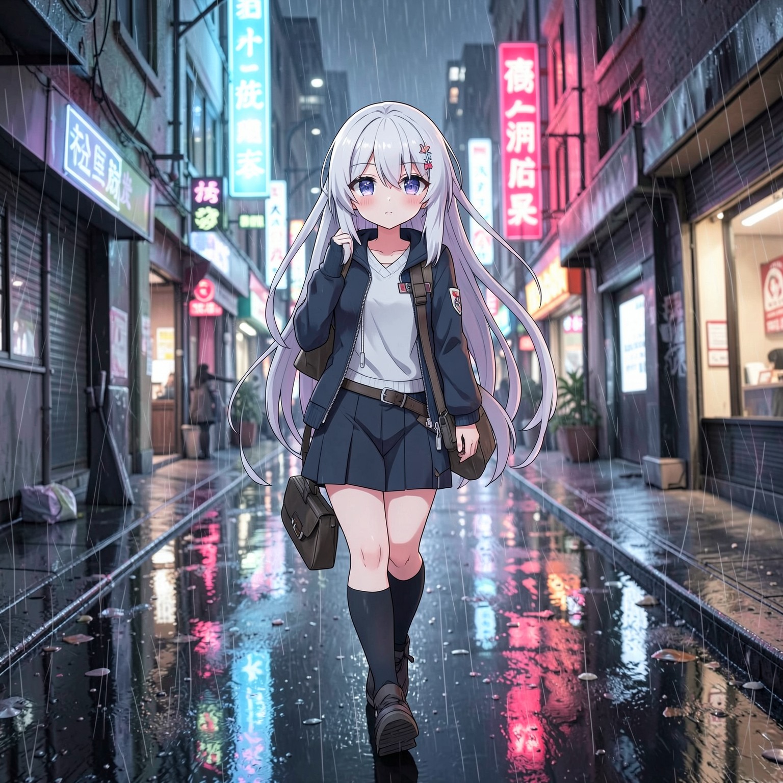 anime girl with white hair walking through rainy neon streets